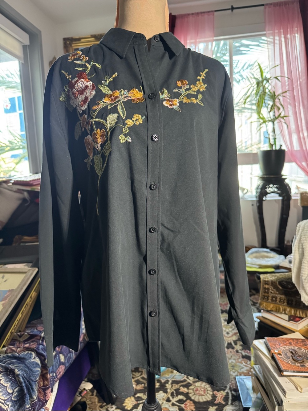 Chico's Black Shirt Jacket with Floral Embroidery